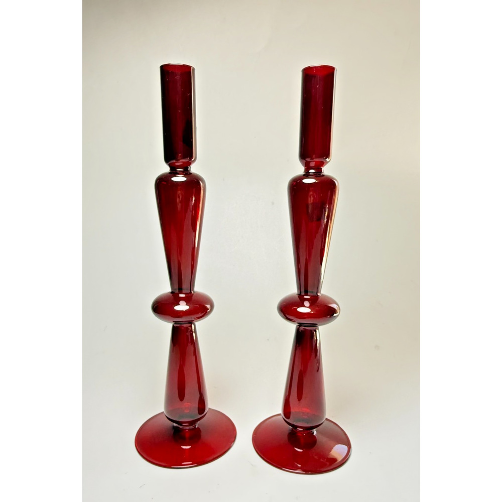 Pair 12" Hand Blown Ruby Red Glass Taper Candle Holders Mod Mid Century Design